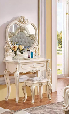 Bedroom set: bed, 2x nightstands, dressing table, stool, dresser, 6-piece luxury.
