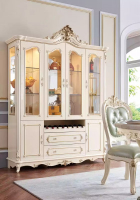 Perlwhite Dining Room Set Dining Table 6x Chairs Display Cabinet 8-piece Luxury Set