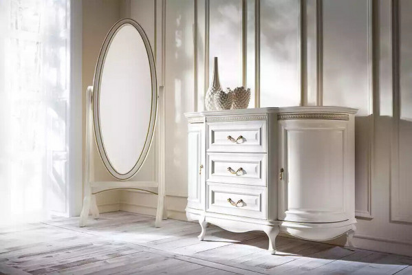 Living room floor mirror, oval wooden frame, white standing mirror, mirror
