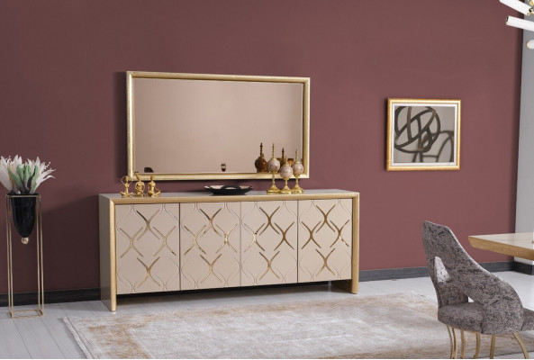 Dining room set sideboard with mirror luxury sideboard wood beige 2-piece