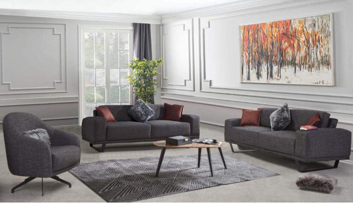 Luxury living room set consists of a 3-piece black color design sofa set.