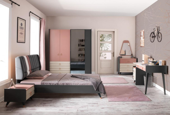 Bedroom 6-piece set: bed, nightstand, wardrobe, dresser, mirror, desk