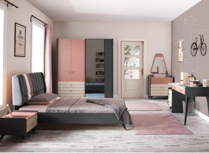 Bedroom 6-piece set: bed, nightstand, wardrobe, dresser, mirror, desk