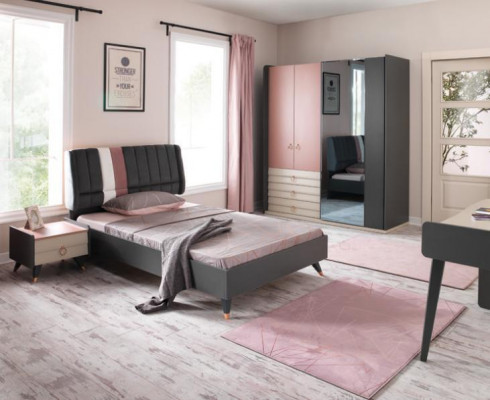 Bedroom 6-piece set: bed, nightstand, wardrobe, dresser, mirror, desk
