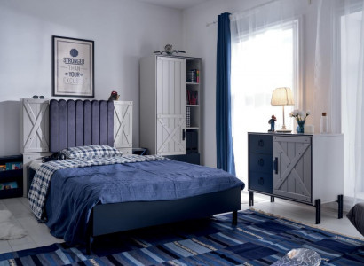 Luxury Modern Blue Bedroom Set Bed Dresser Bookshelf Wood New 3-Piece Set