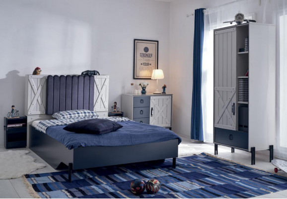 Luxury Modern Blue Bedroom Set Bed Dresser Bookshelf Wood New 3-Piece Set