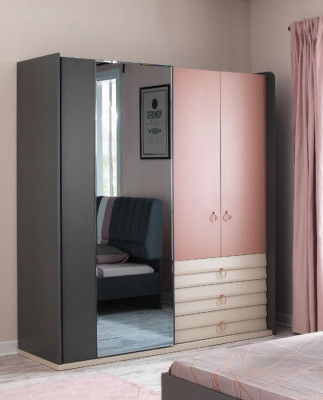 Bedroom 6-piece set: bed, nightstand, wardrobe, dresser, mirror, desk