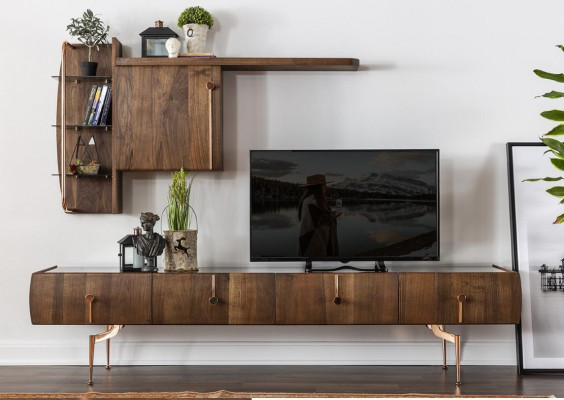 Living room wall RTV lowboard TV stand sideboard set brown wood shelves