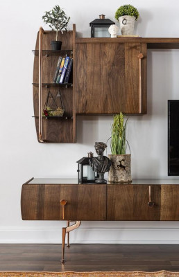 Living room wall RTV lowboard TV stand sideboard set brown wood shelves