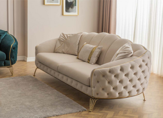 Modern Chesterfield Beige Living Room Sofa Set x2 3-Seater Upholstered Armchair
