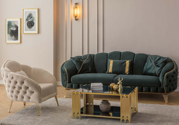 Modern Chesterfield Green Sofa 3-Seater Couch New Fabric Metal