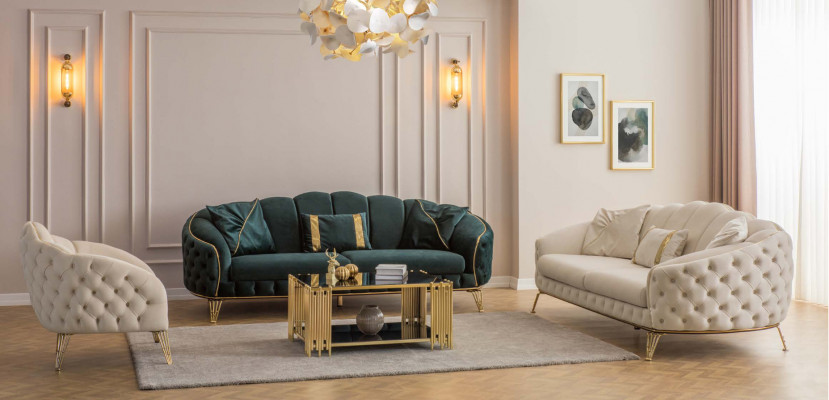 Modern Chesterfield Green Sofa 3-Seater Couch New Fabric Metal