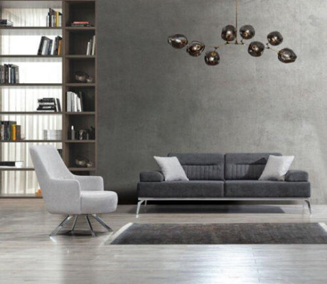 Living room set, 2-piece, 3-seater sofa, 1-seater armchair, gray white textile material