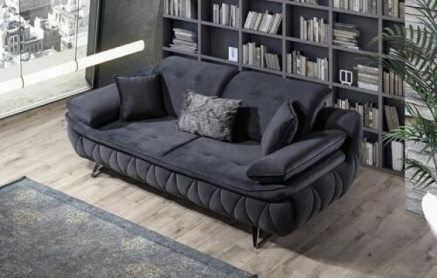 Black 3-seater living room fabric sofa, modern design with textile cushions