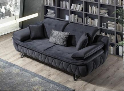 Black 3-seater living room fabric sofa, modern design with textile cushions