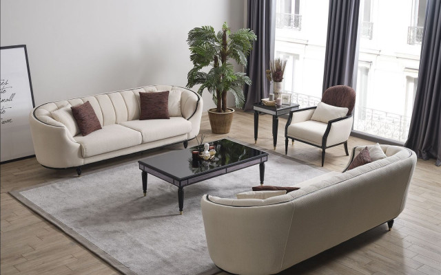 White Living Room Set Sofa Suite 3+3+1 Coffee Table Side Table 5-piece