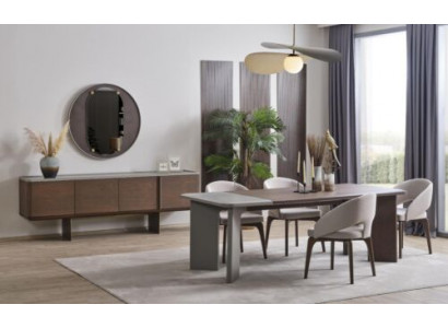 Large dining room set: designer dining table, 4x chairs, sideboard, mirror