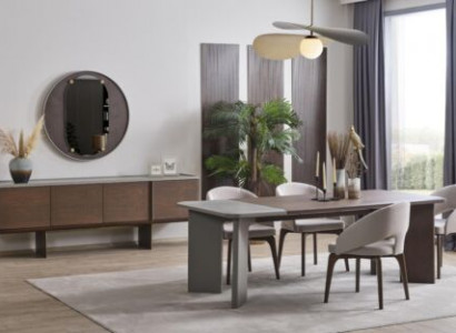 Large dining room set: designer dining table, 4x chairs, sideboard, mirror