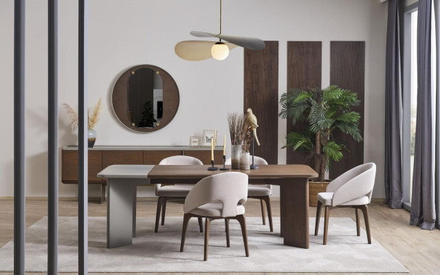 Large dining room set: designer dining table, 4x chairs, sideboard, mirror