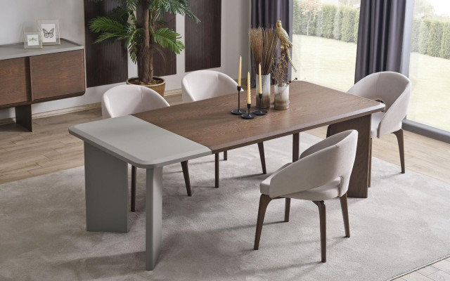 Large dining room set: designer dining table, 4x chairs, sideboard, mirror