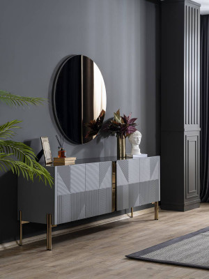 Black dining room set designer sideboard luxury round mirror 2-piece set