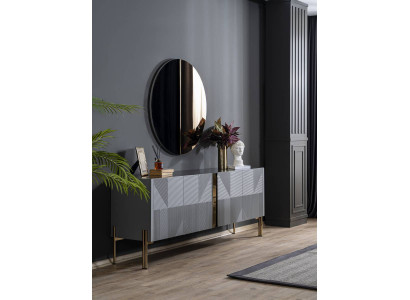 Black dining room set designer sideboard luxury round mirror 2-piece set