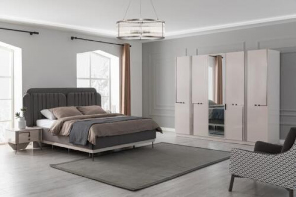 Modern bedroom set double bed nightstand wardrobe luxury