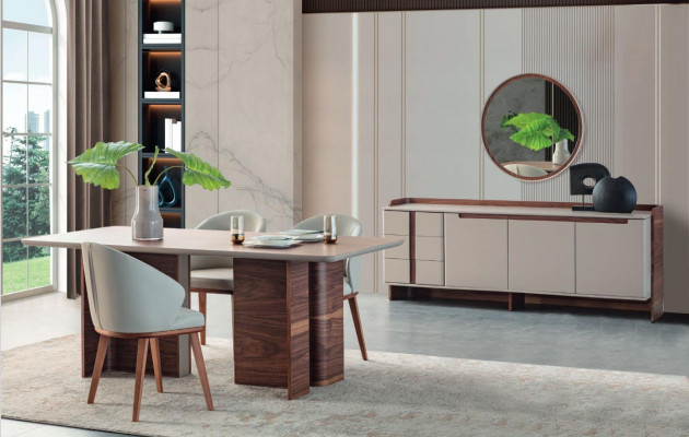 Exclusive dining room furniture, sturdy dining table, designer sideboard, chairs