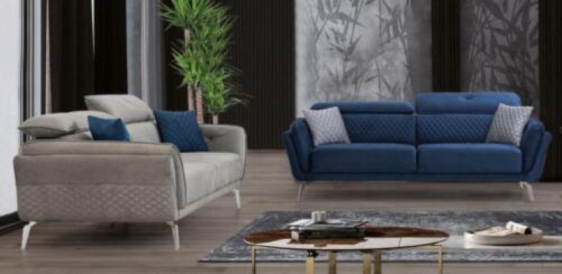 Designer upholstered couch set blue-gray fabric sofas luxury 2x 3-seater