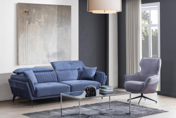 Exquisite blue three-seater designer sofa set upholstery furniture