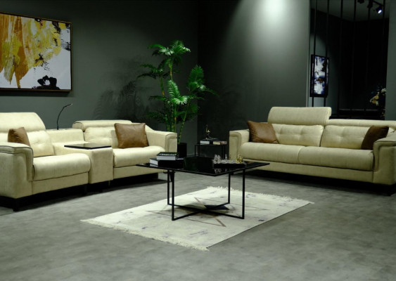 Beige living room three-seater leather sofa 3-seater upholstered couch wooden frame