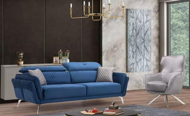 Blue textile sofa modern living room three-seater luxury 3-seater couch