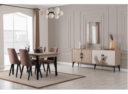Brown dining room set luxury dining table 4x chairs sideboard mirror