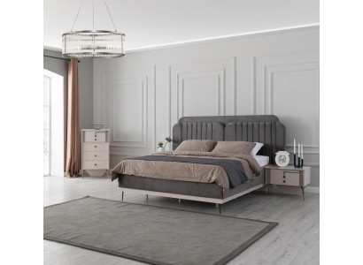 Gray bedroom furnishings designer textile bed 2 wooden nightstands