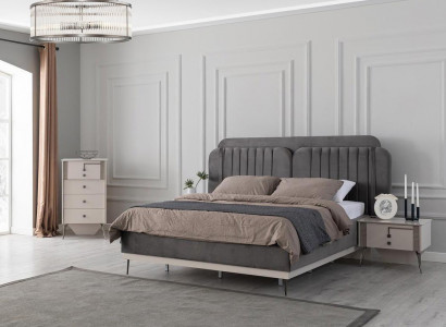 Gray bedroom furnishings designer textile bed 2 wooden nightstands