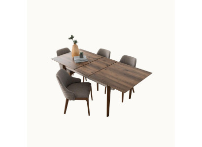 Complete dining room set, dining table with 4 brown upholstered chairs, 5-piece set