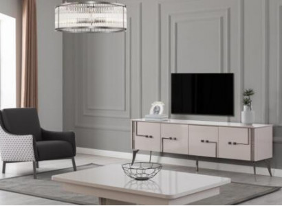 Beige TV cabinet designer coffee table luxury living room furniture wood 2-piece set