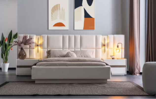 Exclusive bedroom furniture designer textile bed 2x wooden nightstands
