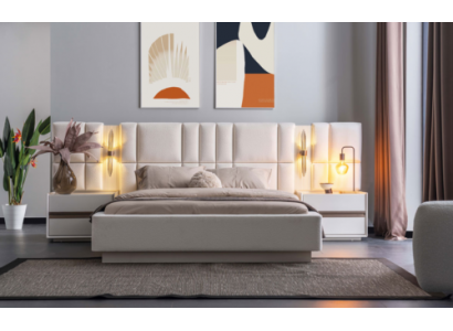 Exclusive bedroom furniture designer textile bed 2x wooden nightstands