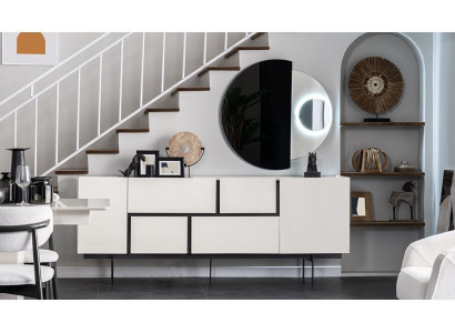 White-Black Dining Room Sideboard with Mirror Luxury Wall Cabinet 2-Piece Set