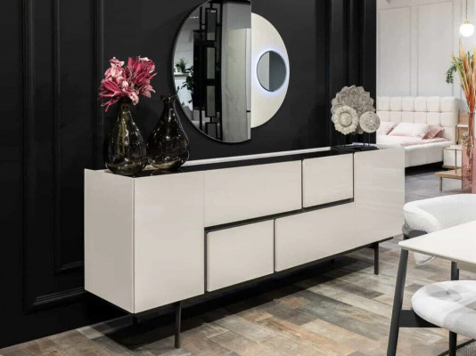 White-Black Dining Room Sideboard with Mirror Luxury Wall Cabinet 2-Piece Set