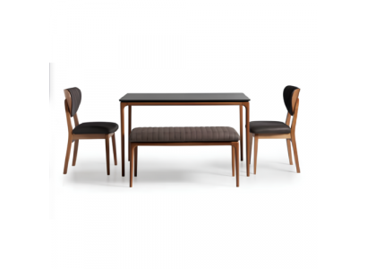 Dining nook, dining set, dining room, dining table, 6-piece chairs, brown, bench, fabric, wood