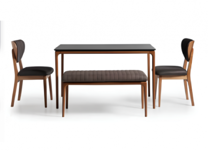 Dining nook, dining set, dining room, dining table, 6-piece chairs, brown, bench, fabric, wood