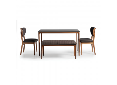 Dining room set dining table wood chairs 4-piece brown dining area bench fabric