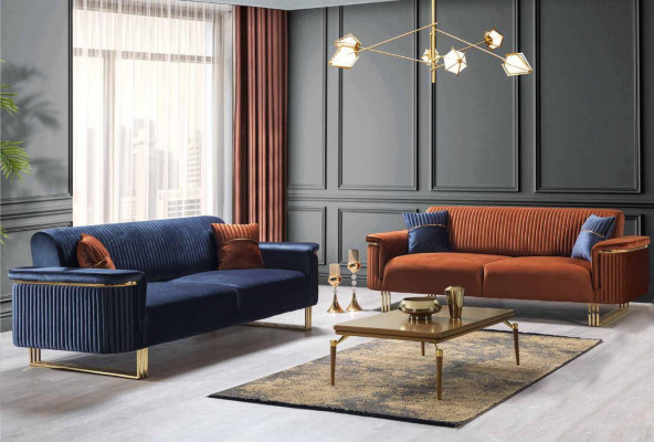 Blue-Orange Living Room Sofa Set Designer Fabric Sofas Modern Furniture 2 Pieces