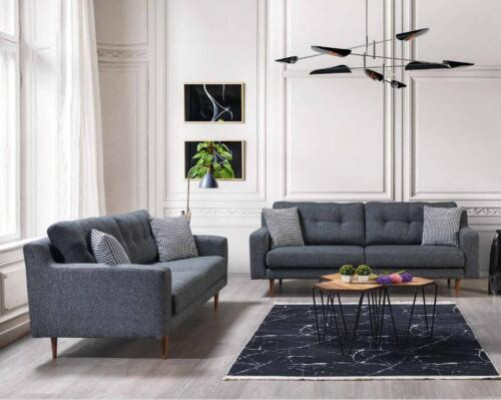 Gray living room sofa set luxurious 2x upholstered sofas textile furniture