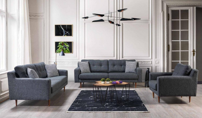Gray living room sofa set luxurious 2x upholstered sofas textile furniture