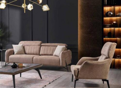 Beige living room fabric sofa, luxurious armchair, 3-seater, single-seater, 2-piece set