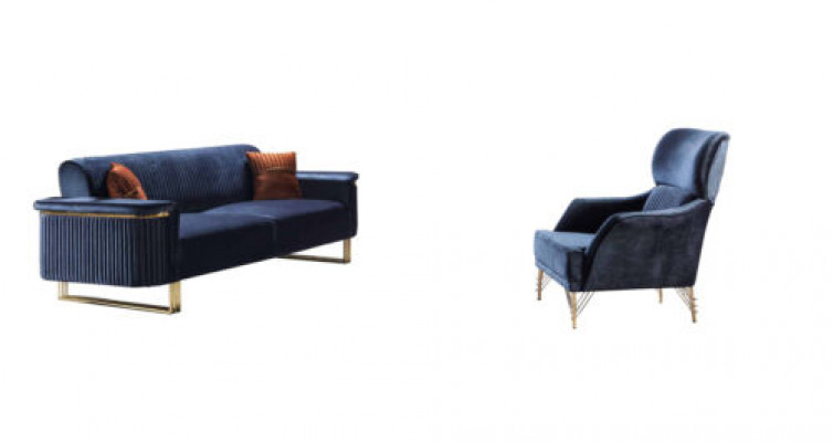 Blue Living Room Set Designer 3-Seater Upholstered Armchair Luxury Furniture 2 Pieces
