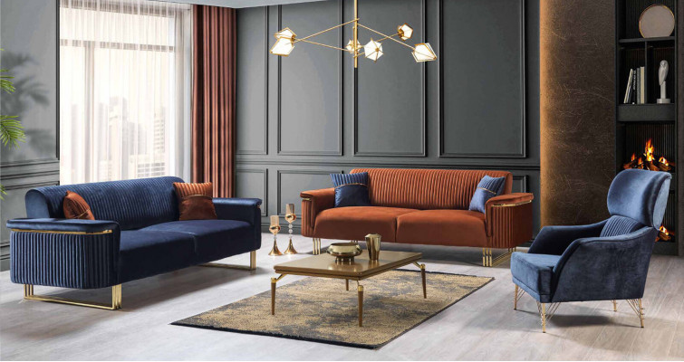 Blue Living Room Set Designer 3-Seater Upholstered Armchair Luxury Furniture 2 Pieces